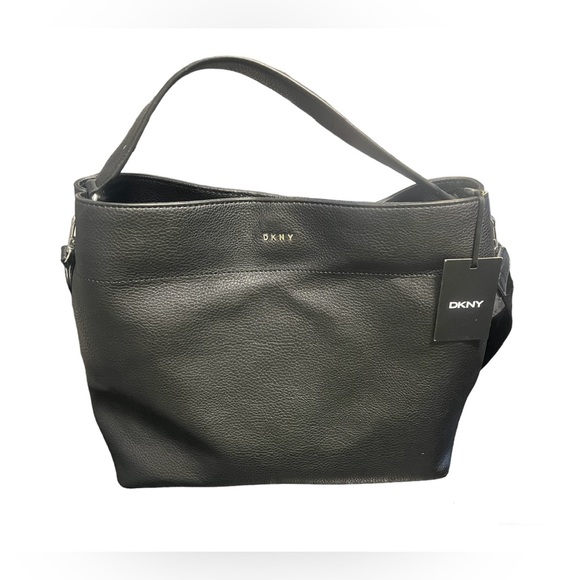 NWT: DKNY Wynston Hobo Bag -Black Pebbled Leather with Chrome Logo - Picture 4 of 4